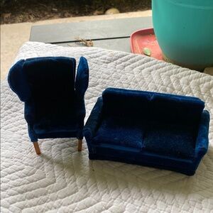Miniature Blue Velvet Sofa and Chair Set